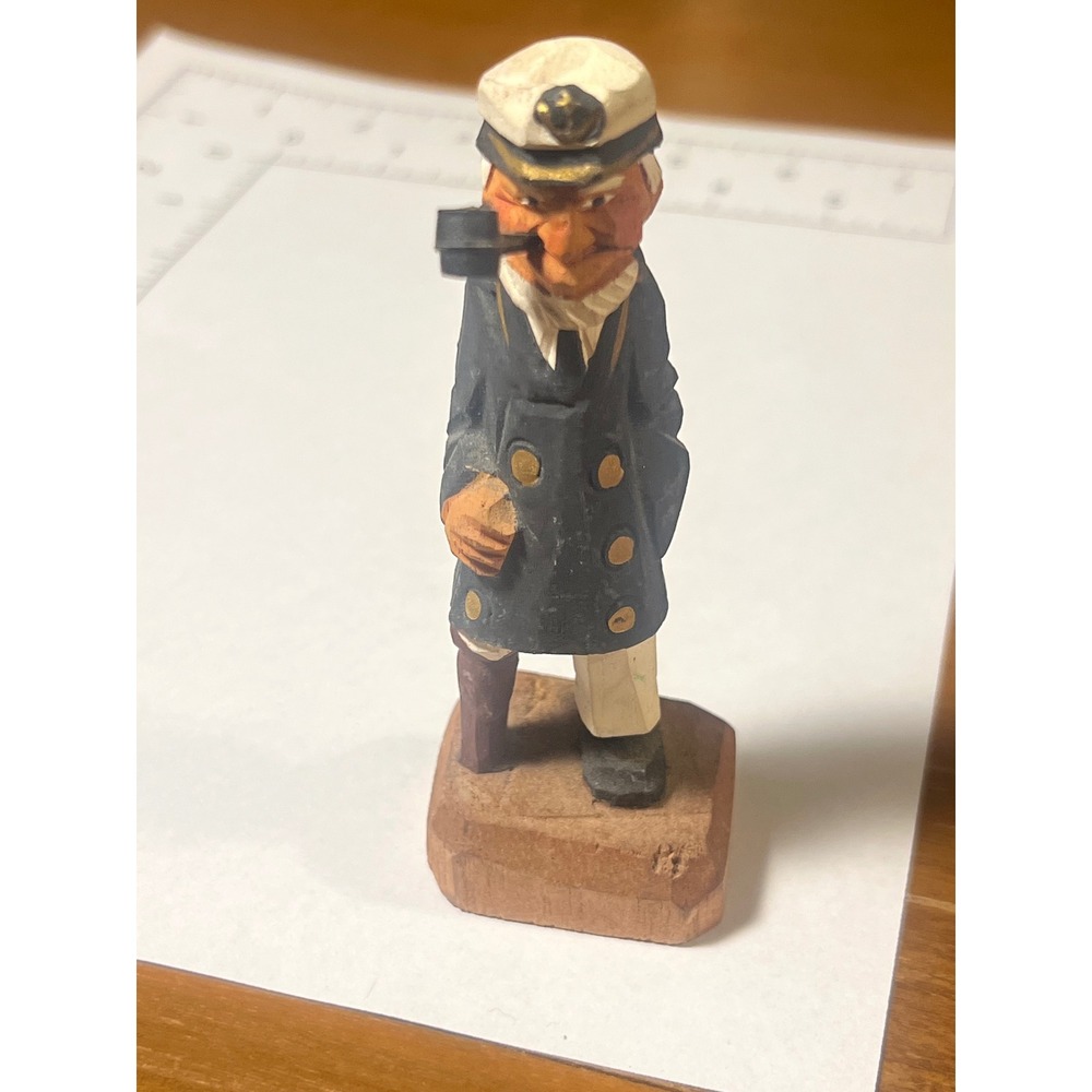 Vintage Hand Carved Wood Sea Captain Sailor Figurine Peg Leg Pipe Nautical Decor